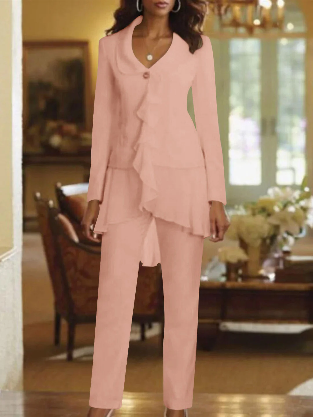 White V-Neck Long Sleeves Floor Length Mother of the Bride Pantsuits With Ruffle - Image 19