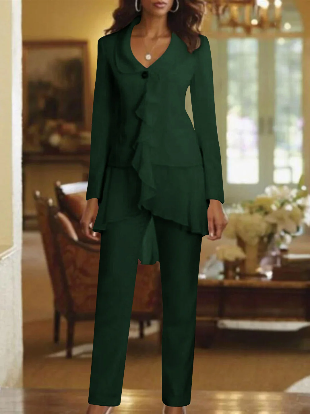 White V-Neck Long Sleeves Floor Length Mother of the Bride Pantsuits With Ruffle - Image 24