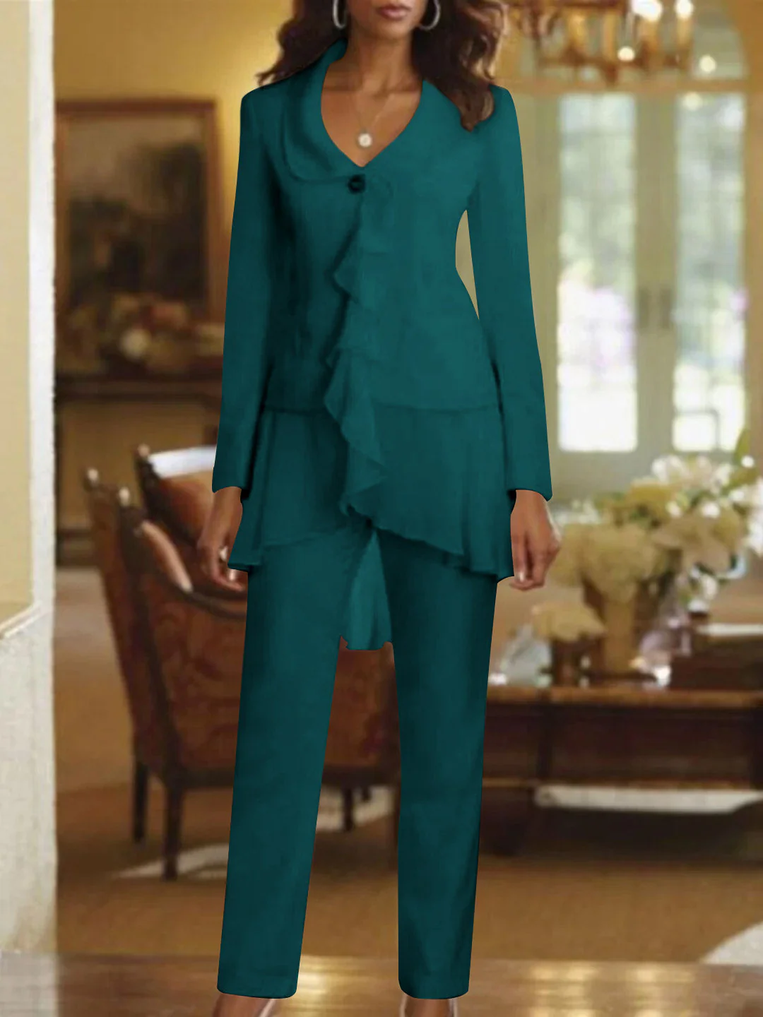 White V-Neck Long Sleeves Floor Length Mother of the Bride Pantsuits With Ruffle - Image 25