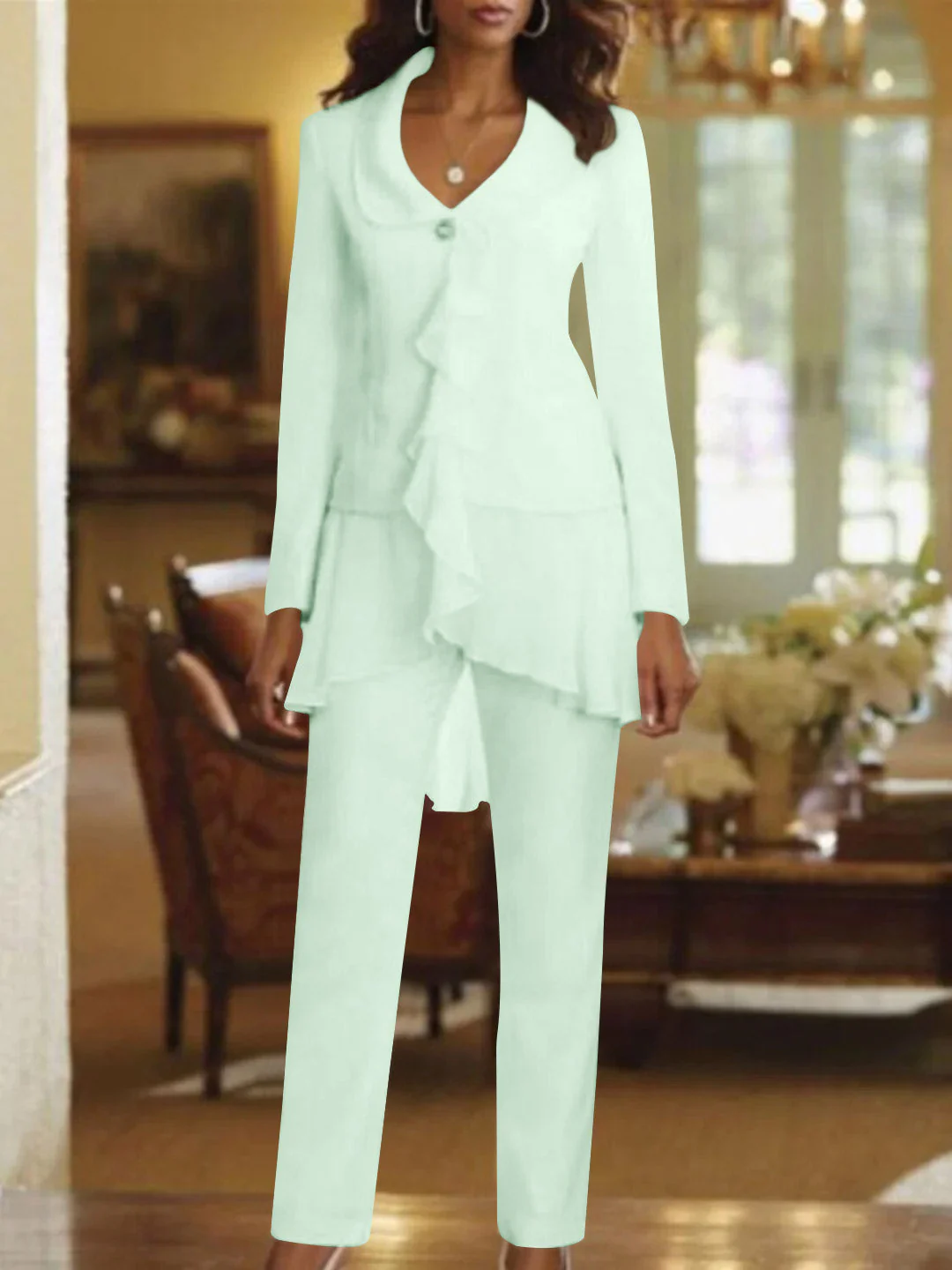 White V-Neck Long Sleeves Floor Length Mother of the Bride Pantsuits With Ruffle - Image 31