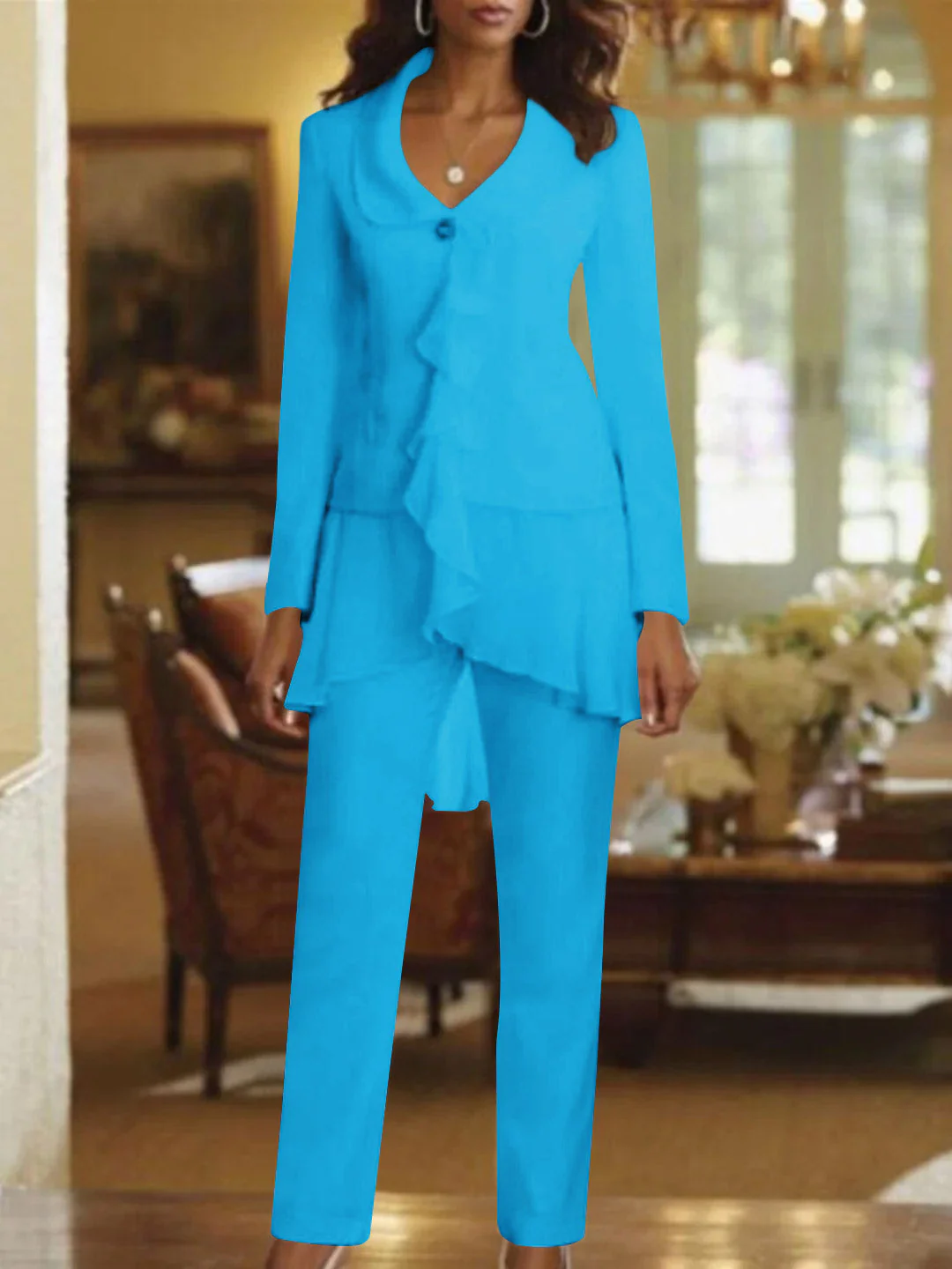 White V-Neck Long Sleeves Floor Length Mother of the Bride Pantsuits With Ruffle - Image 34