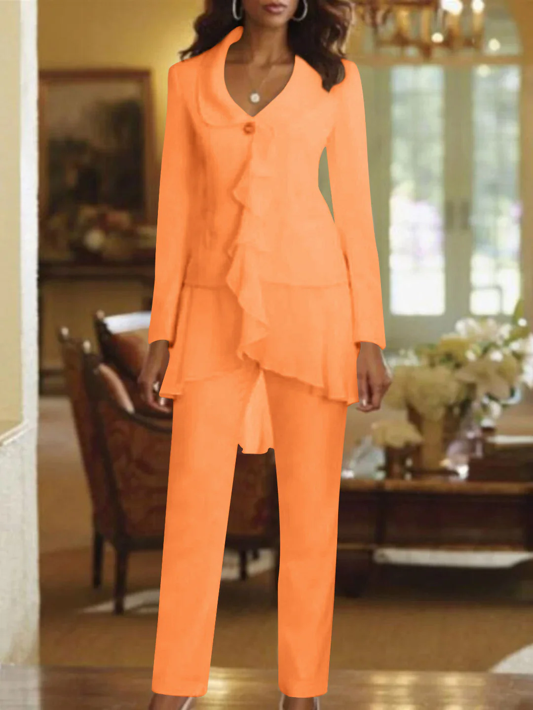 White V-Neck Long Sleeves Floor Length Mother of the Bride Pantsuits With Ruffle - Image 35