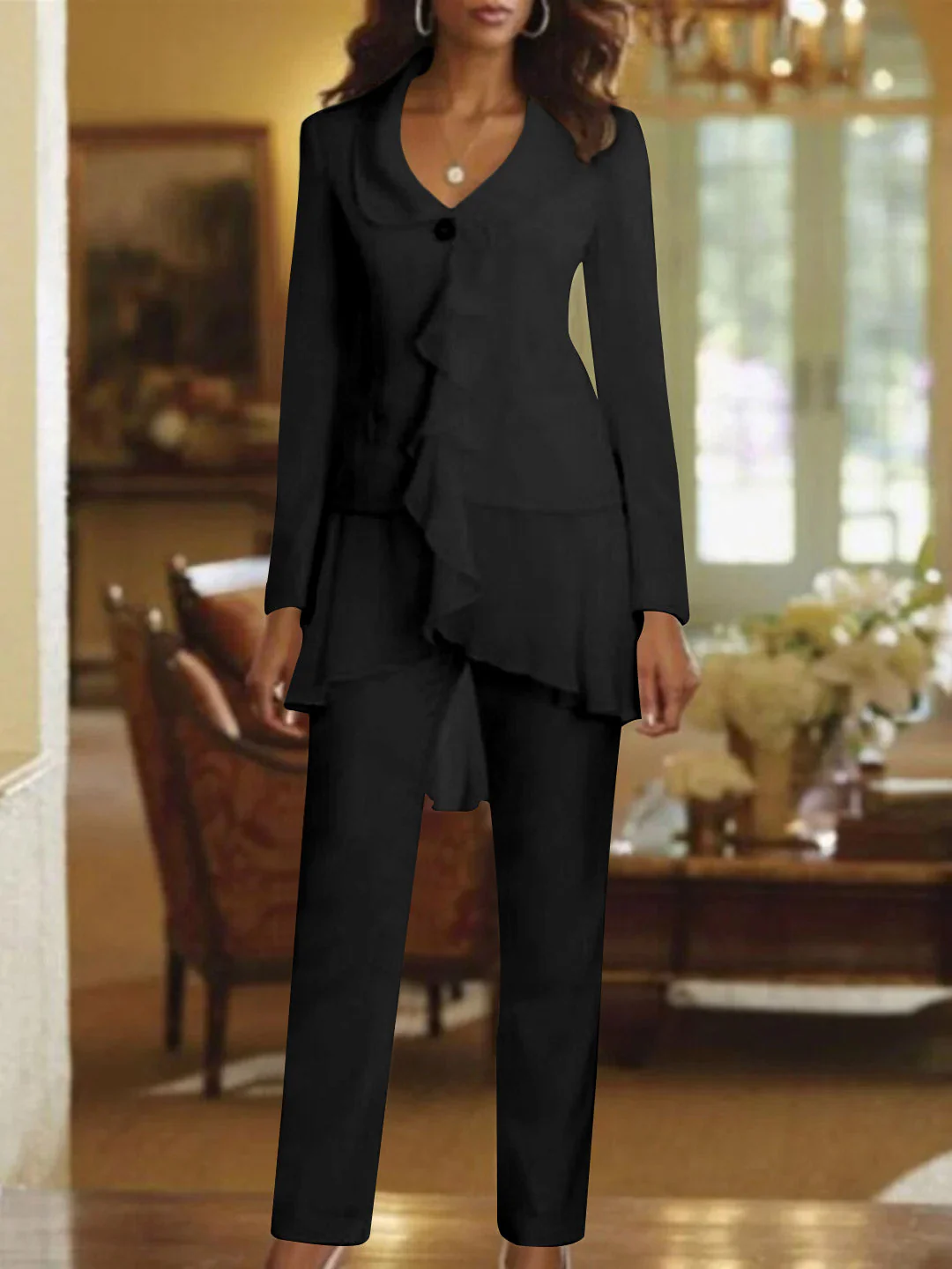 White V-Neck Long Sleeves Floor Length Mother of the Bride Pantsuits With Ruffle - Image 4