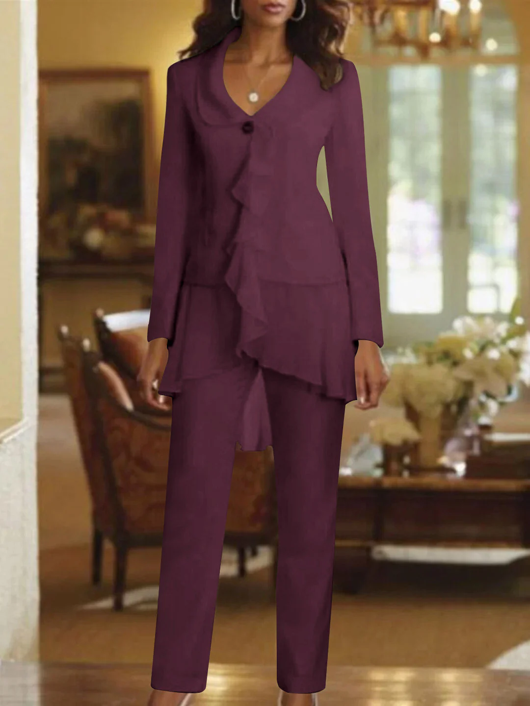 White V-Neck Long Sleeves Floor Length Mother of the Bride Pantsuits With Ruffle - Image 40