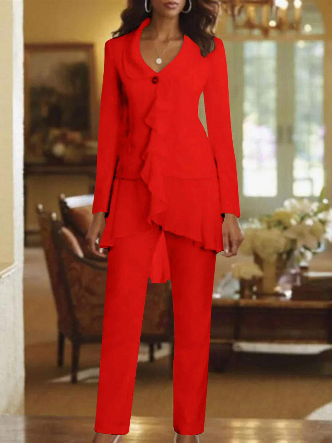 White V-Neck Long Sleeves Floor Length Mother of the Bride Pantsuits With Ruffle - Image 42