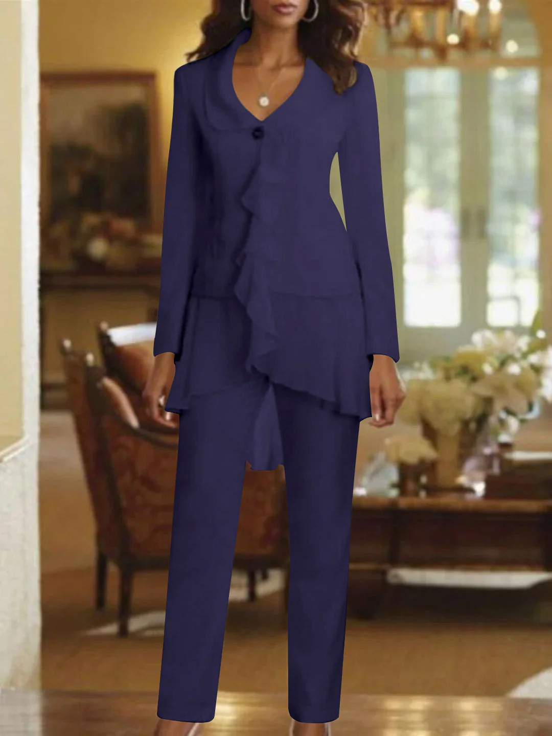 White V-Neck Long Sleeves Floor Length Mother of the Bride Pantsuits With Ruffle - Image 43