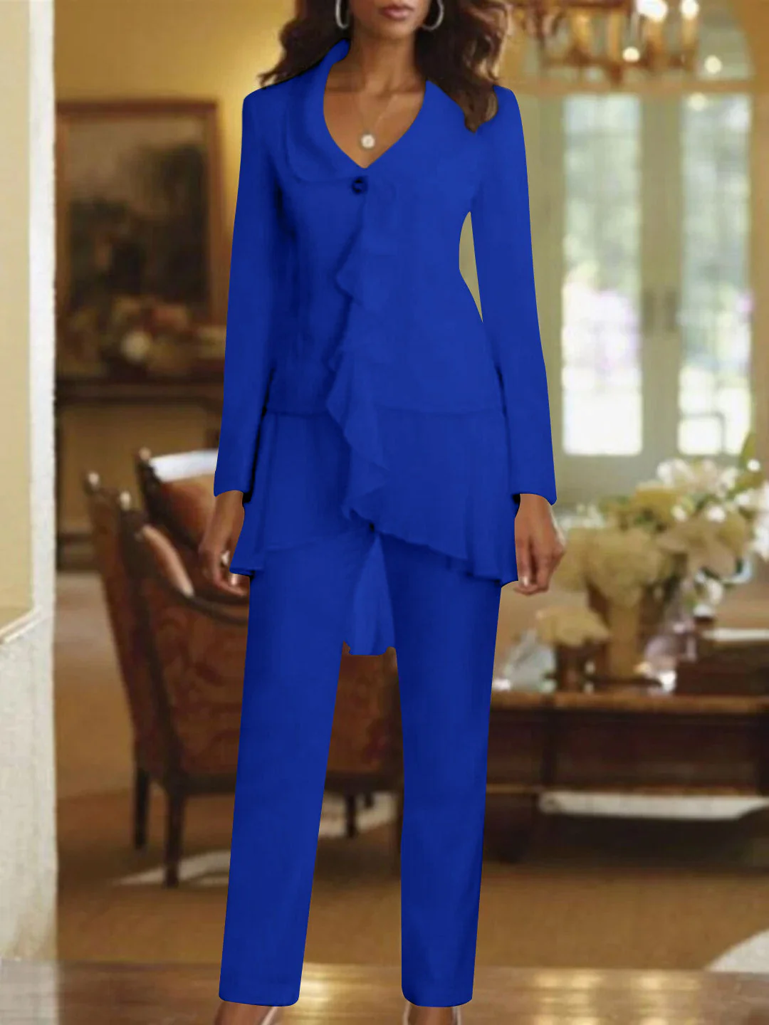White V-Neck Long Sleeves Floor Length Mother of the Bride Pantsuits With Ruffle - Image 44
