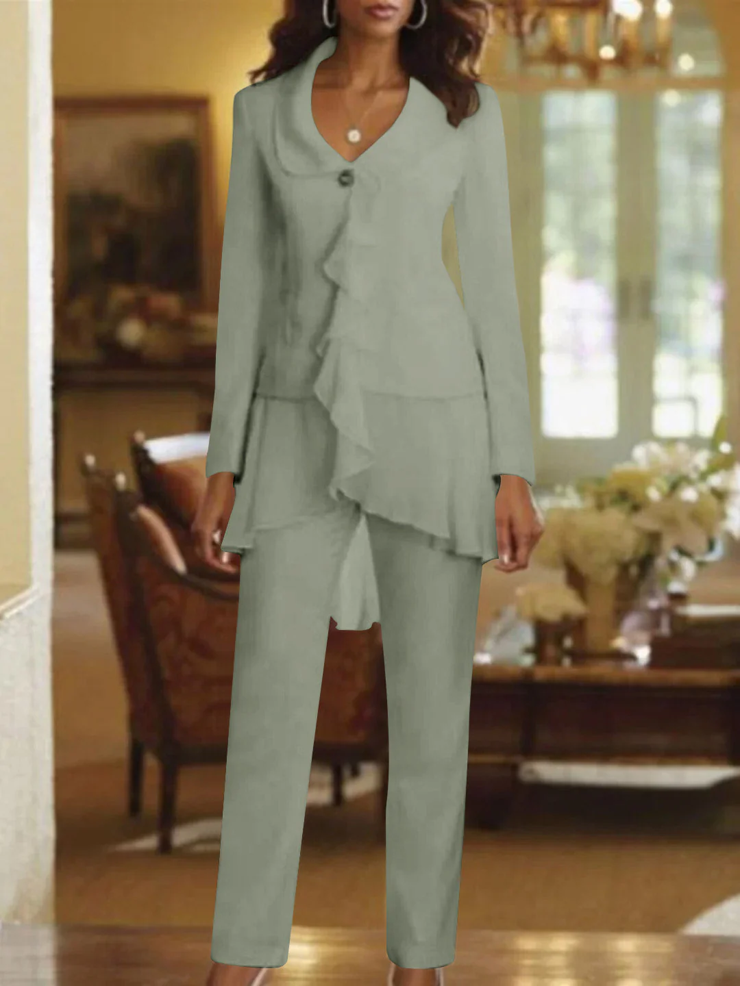 White V-Neck Long Sleeves Floor Length Mother of the Bride Pantsuits With Ruffle - Image 45