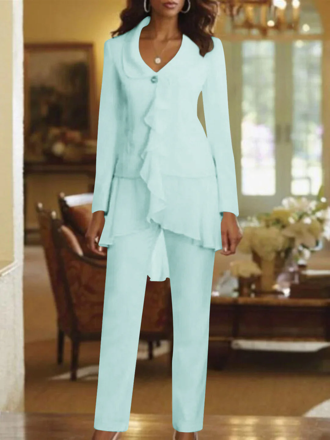 White V-Neck Long Sleeves Floor Length Mother of the Bride Pantsuits With Ruffle - Image 47