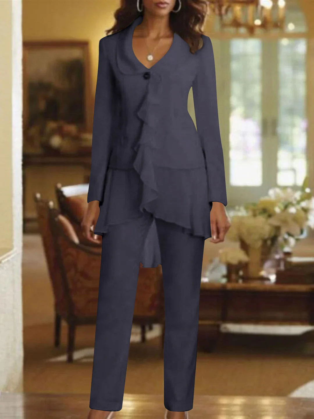 White V-Neck Long Sleeves Floor Length Mother of the Bride Pantsuits With Ruffle - Image 49