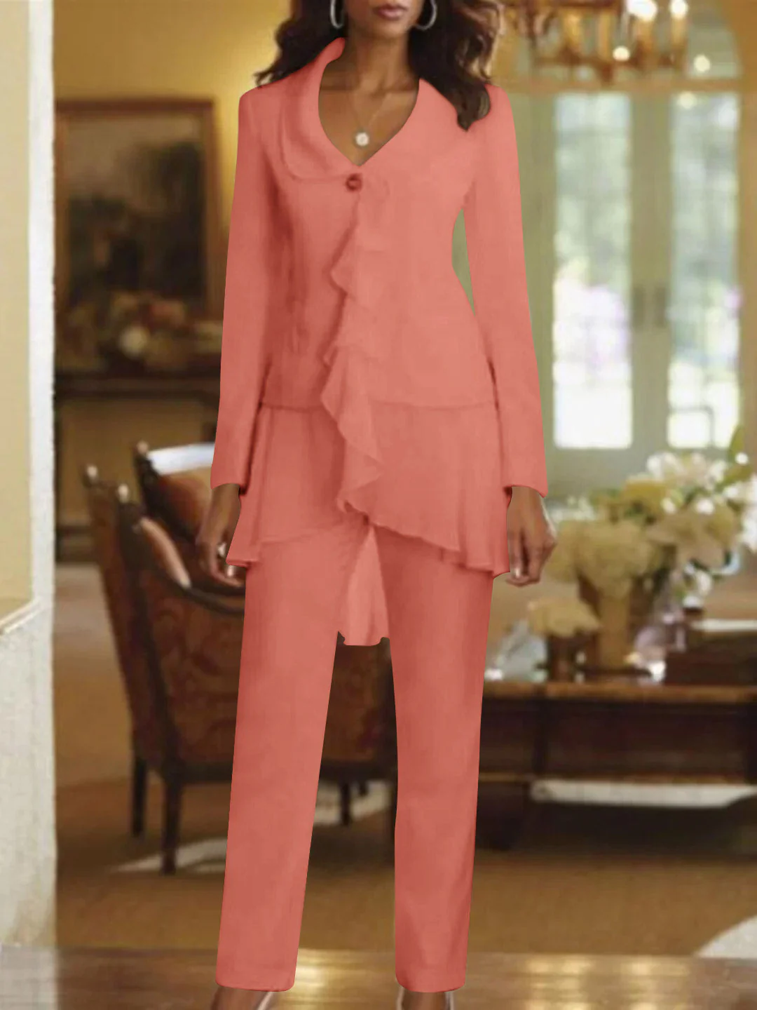 White V-Neck Long Sleeves Floor Length Mother of the Bride Pantsuits With Ruffle - Image 52
