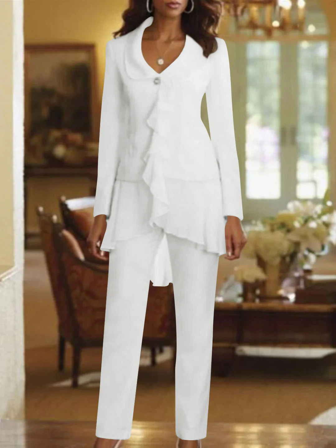 White V-Neck Long Sleeves Floor Length Mother of the Bride Pantsuits With Ruffle - Image 53