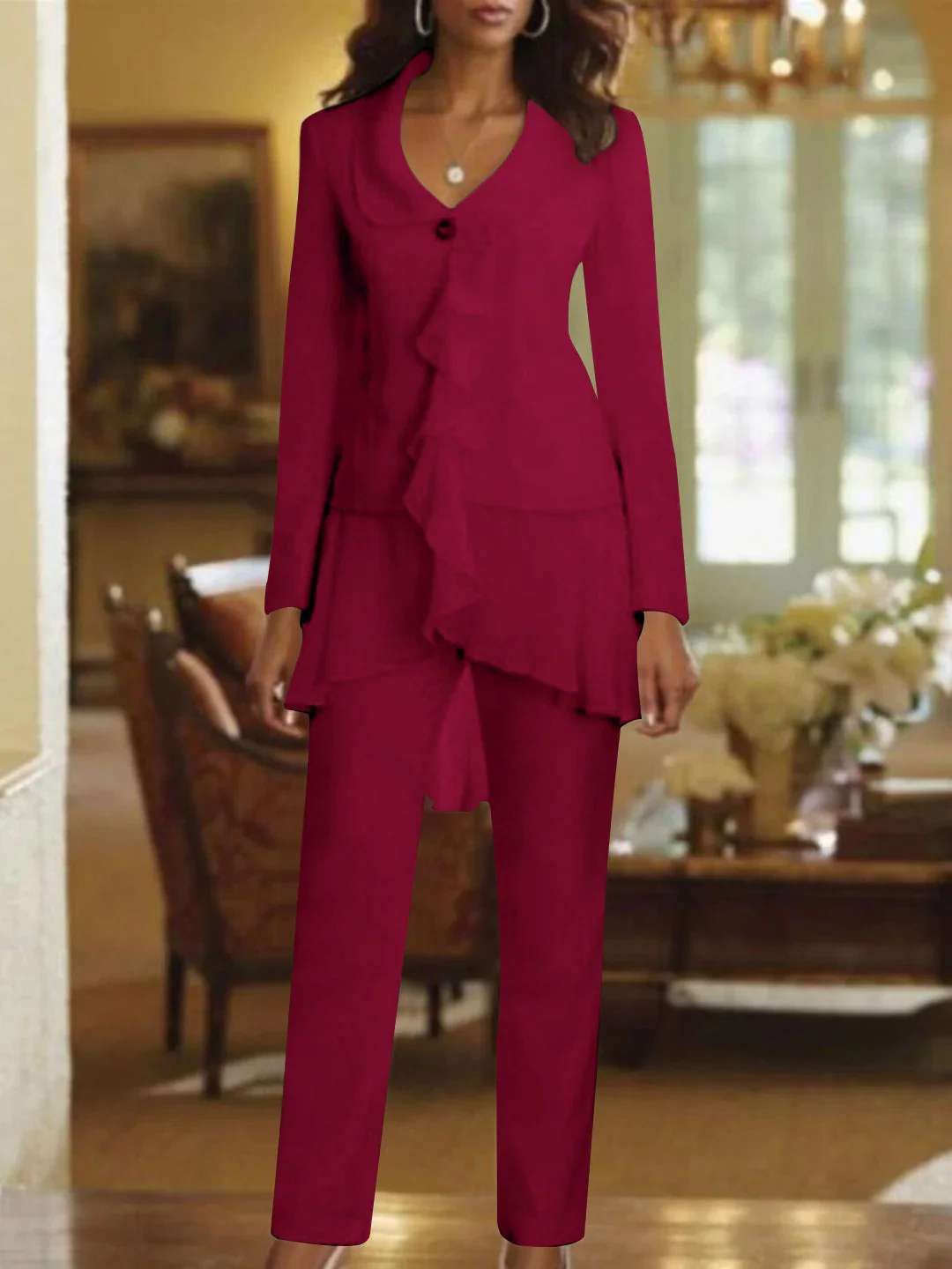 White V-Neck Long Sleeves Floor Length Mother of the Bride Pantsuits With Ruffle - Image 54