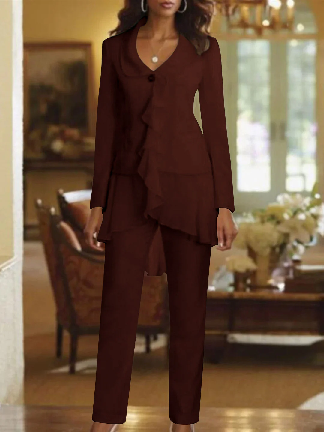 White V-Neck Long Sleeves Floor Length Mother of the Bride Pantsuits With Ruffle - Image 7