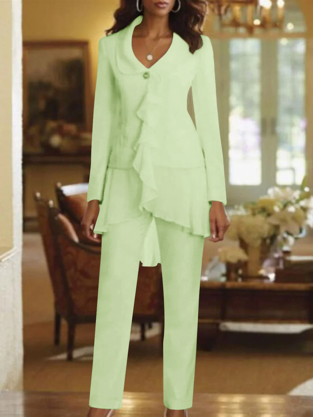 White V-Neck Long Sleeves Floor Length Mother of the Bride Pantsuits With Ruffle - Image 9