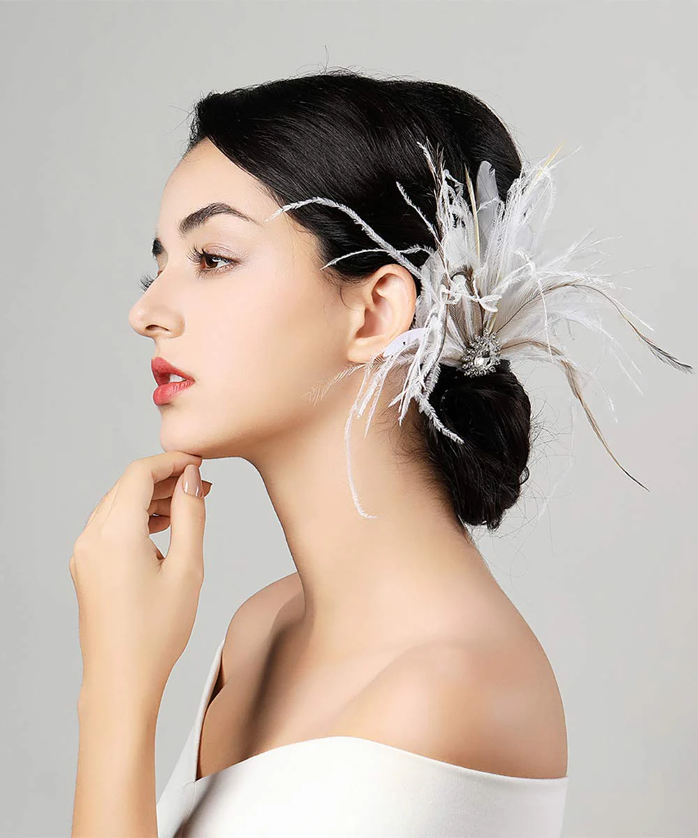 White Vintage Classical Feather Wedding Elegant Hat Fascinators/Headpiece with Crystal - Image 4