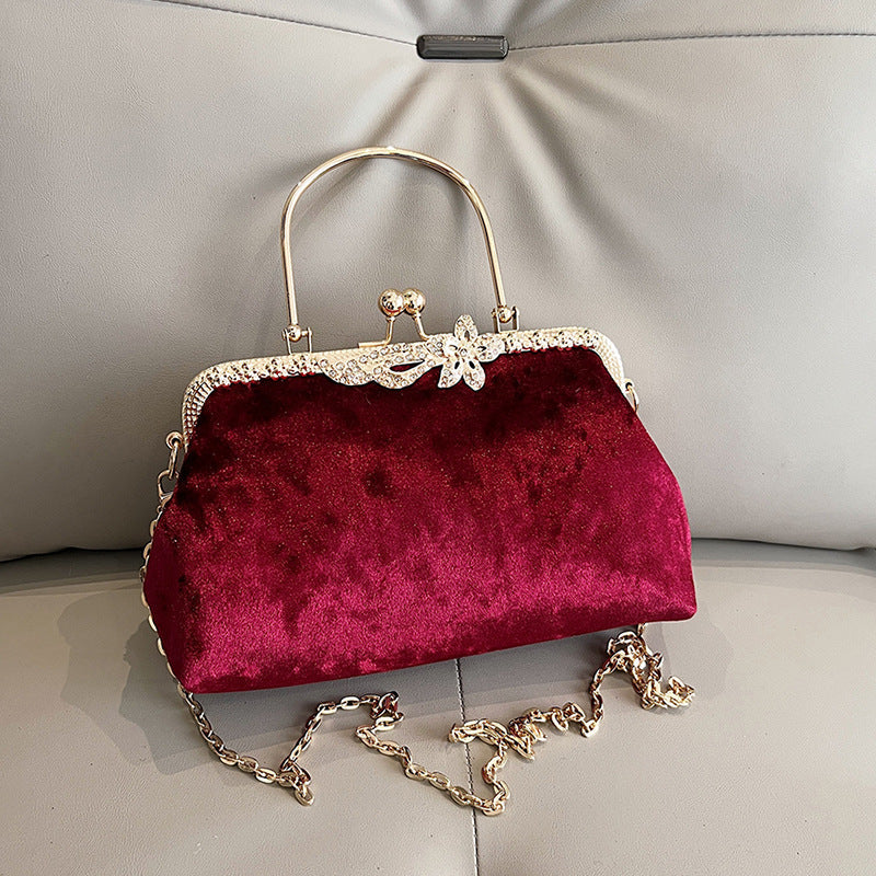 Wine Red Delicate Fashion Velvet High-End Evening Clutch Bag - Image 3