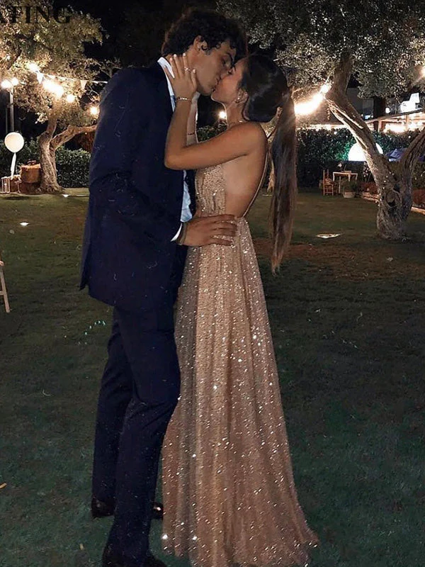 Women's A-Line/Princess Tulle V-neck Floor-Length Long Prom Dresses with Paillette - Image 2