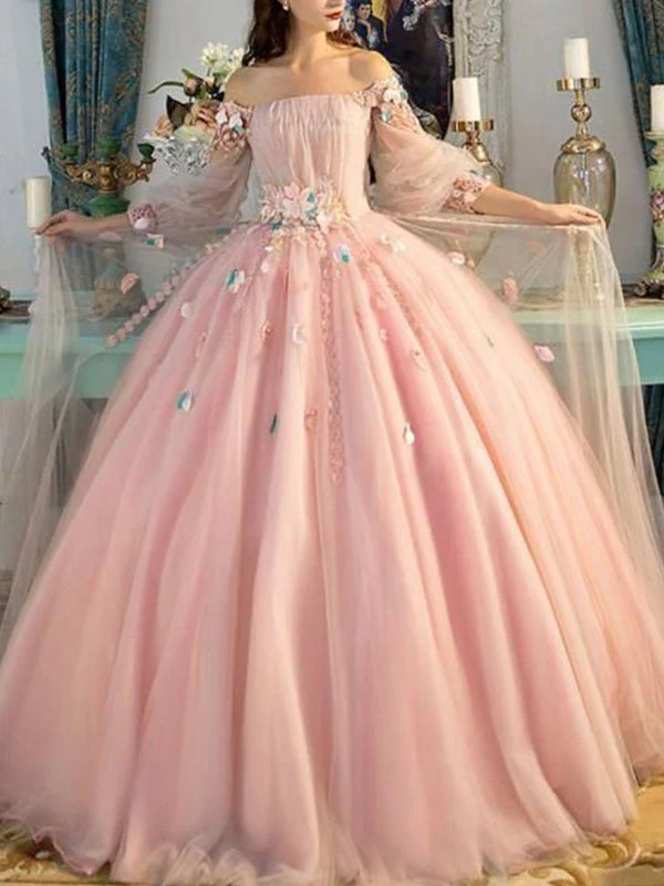 Women's Ball Gown Lace Tulle Off-the-Shoulder Floor-Length Long Prom Dresses - Image 2