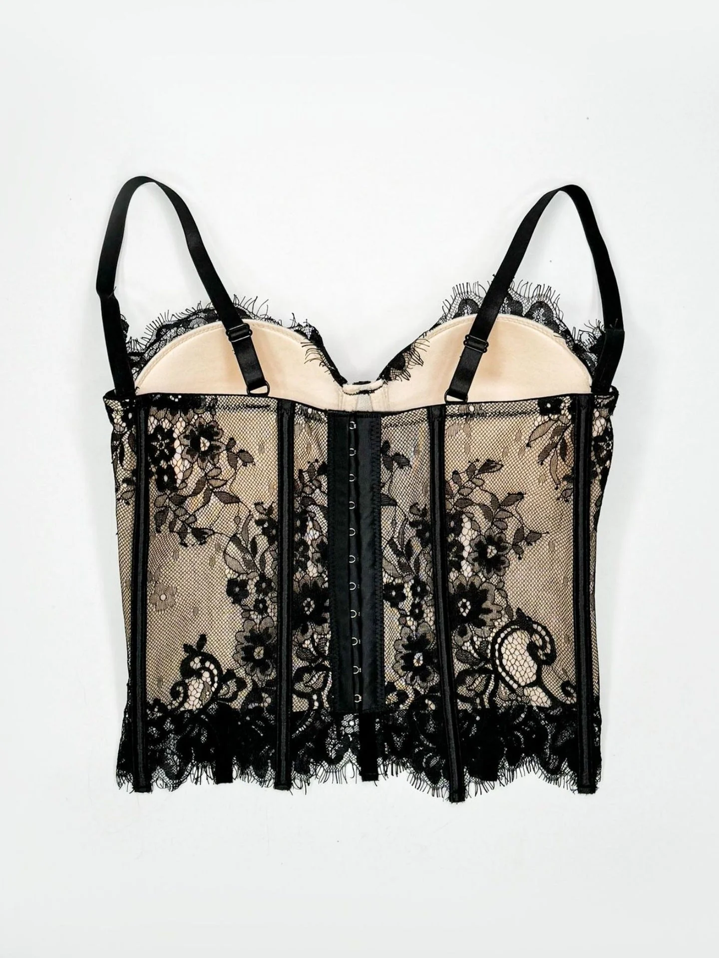 Women's Black Sheer Lace Corset Top Sweetheart Neckline Boned Bustier with Spaghetti Straps - Image 2