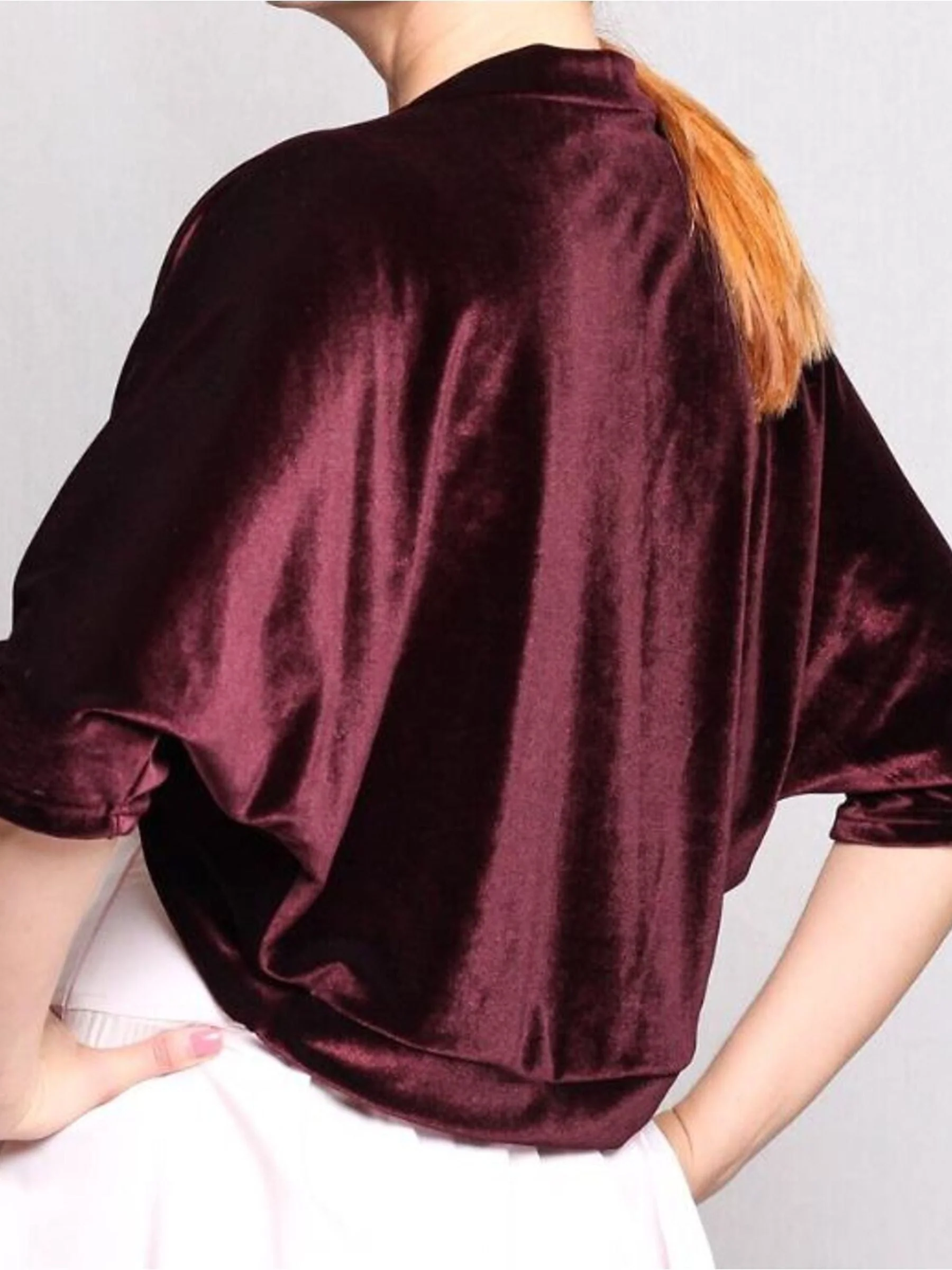 Women's Burgundy Velvet Elegant Half Sleeves Wrap Shrug Bolero - Image 2
