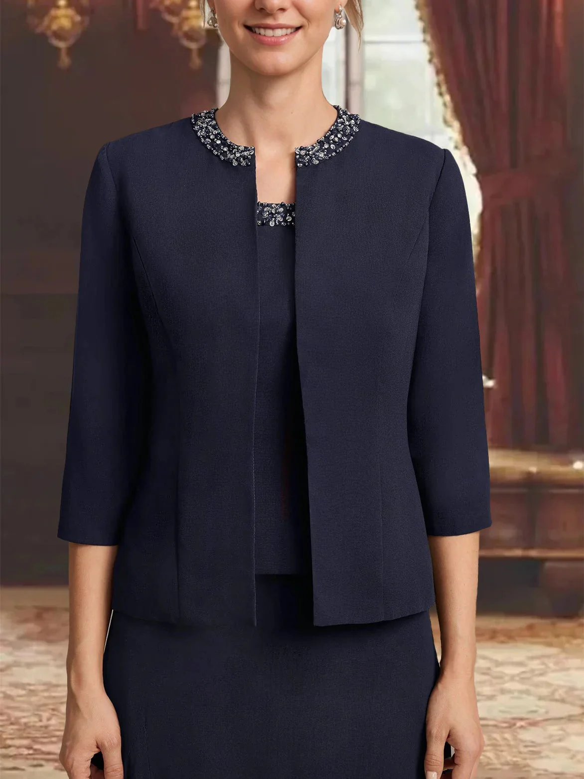 Women's Chiffon 3/4 Sleeves Open-front Jackets with Beads & Sequins - Image 3