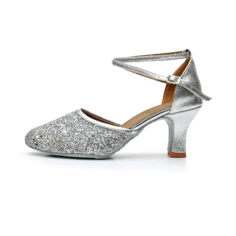 Women's Dancewear Shoes Ankle Strap Heel Round Toe Glitter Latin Shoes - Image 8