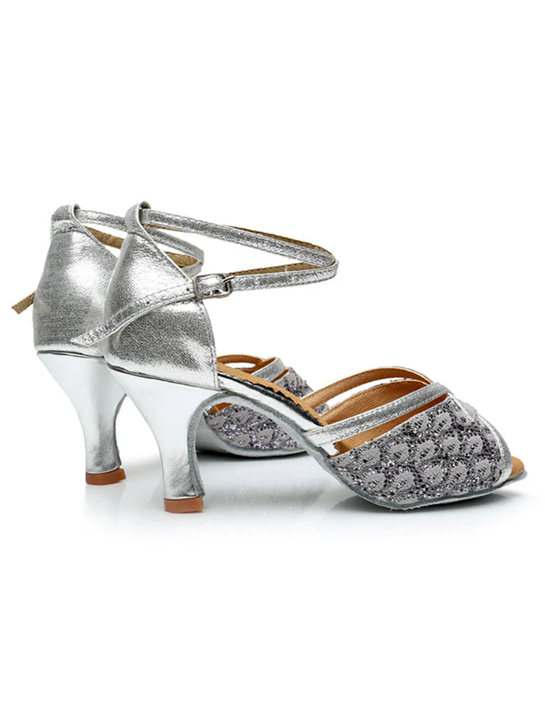 Women's Dancewear Shoes Peep Toe Ankle Strap Heel Glitter Latin Shoes - Image 4