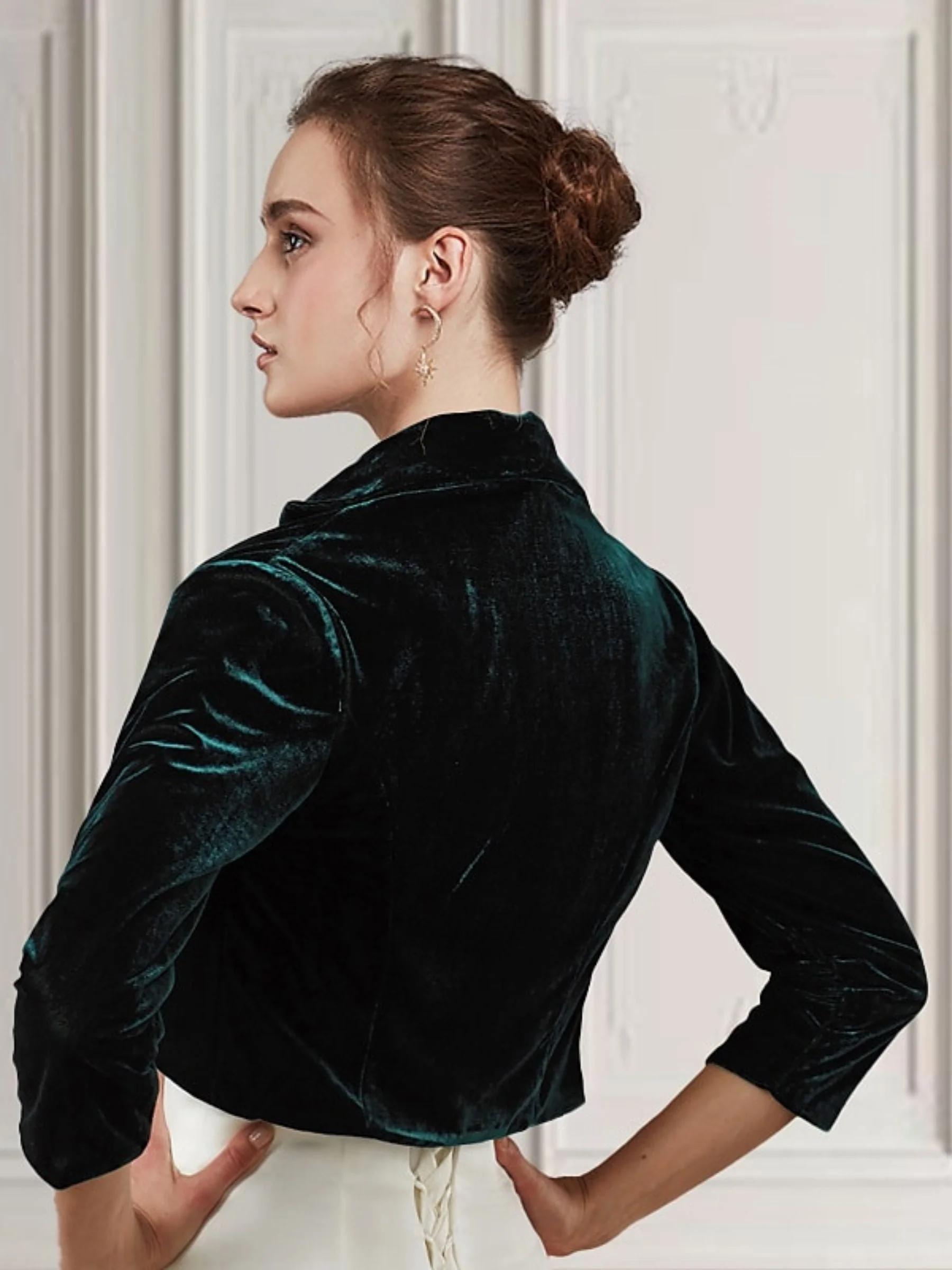 Women's Dark Green Velvet 3/4 Sleeve Elegant Bolero Coats / Jackets - Image 2