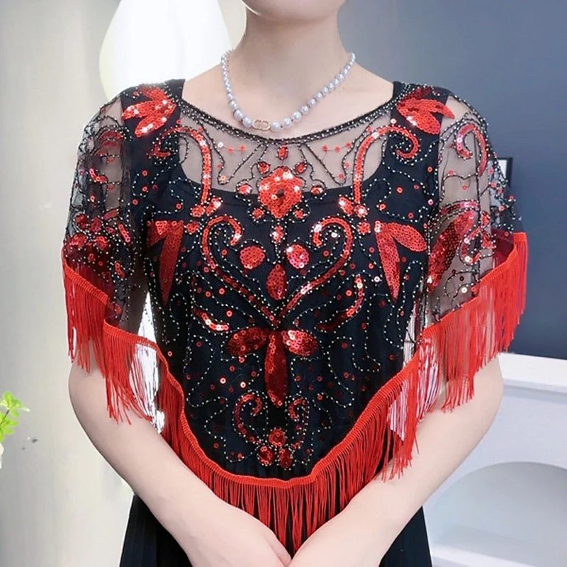 Women's Elegant Wrap Vintage Sleeveless Sequins Appliqued Wraps with Fringe - Image 6