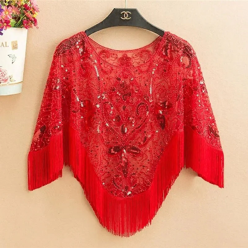 Women's Elegant Wrap Vintage Sleeveless Sequins Appliqued Wraps with Fringe - Image 8