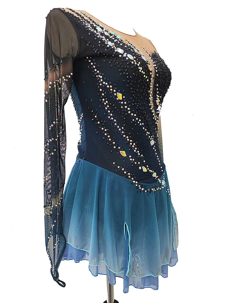 Women's Girls' Ice Dark Blue Thumbhole Halo Dyeing High Elasticity Skating Wear Thermal Warm Ice Figure Skating Dress - Image 2