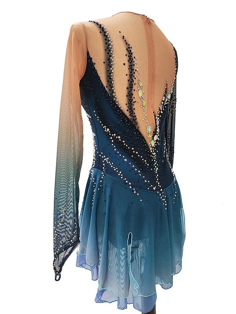Women's Girls' Ice Dark Blue Thumbhole Halo Dyeing High Elasticity Skating Wear Thermal Warm Ice Figure Skating Dress - Image 3