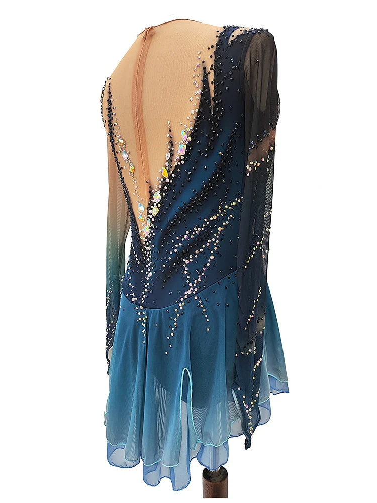 Women's Girls' Ice Dark Blue Thumbhole Halo Dyeing High Elasticity Skating Wear Thermal Warm Ice Figure Skating Dress - Image 4