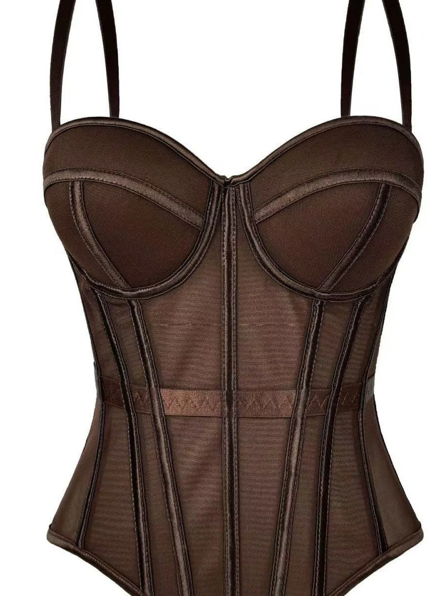 Women's Mesh Corset Sweetheart Neck Boned Bustier with Straps - Image 6