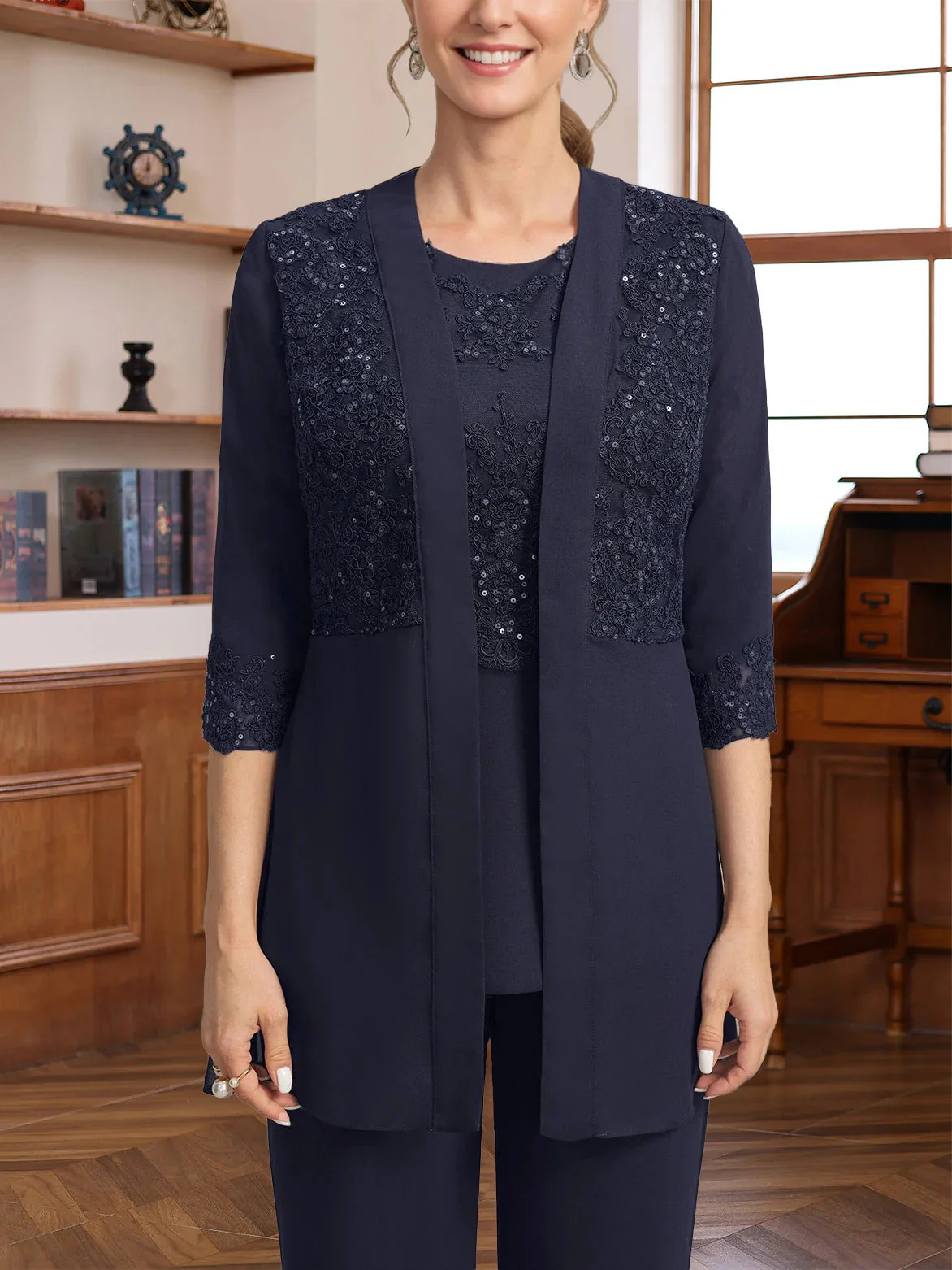Women's Open-front Chiffon 3/4 Sleeves Jackets with Sequins & Beads - Image 3