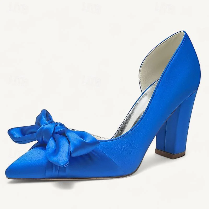 Women's Wedding Bowknot Chunky Heel Pointed Toe Bridal Shoes - Image 7