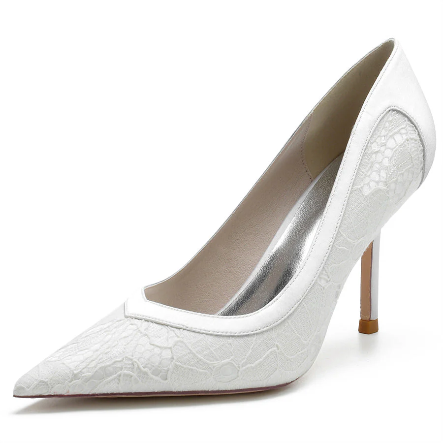 Women's Wedding Elegant Pointed Toe High Heel Minimalist Lace Bridal Shoes - Image 7