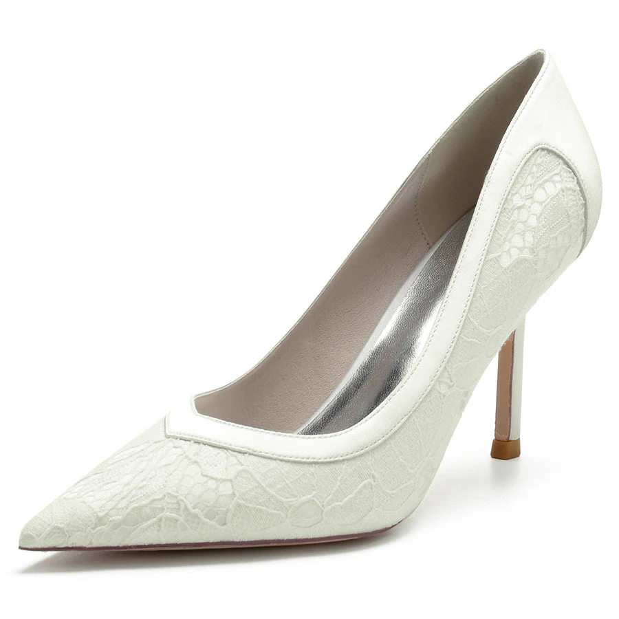 Women's Wedding Elegant Pointed Toe High Heel Minimalist Lace Bridal Shoes - Image 9