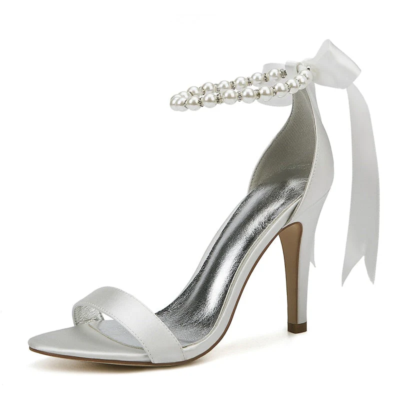Women's Wedding Lace Up Sandals Imitation Pearl Ribbon Tie Bridal Shoes