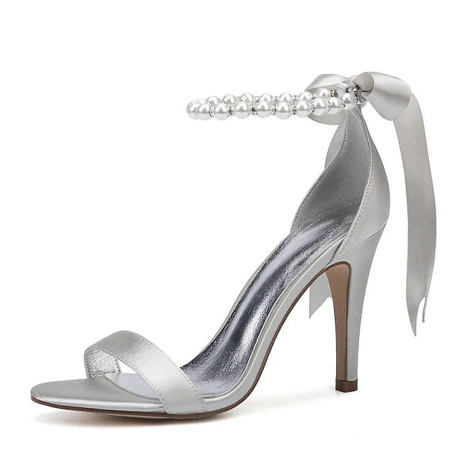 Women's Wedding Lace Up Sandals Imitation Pearl Ribbon Tie Bridal Shoes - Image 11