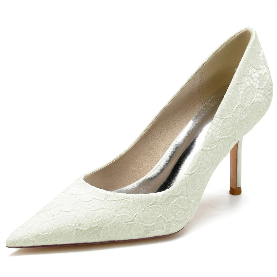 Women's Wedding Pointed Toe Minimalist Stiletto Heel Lace Bridal Shoes - Image 6