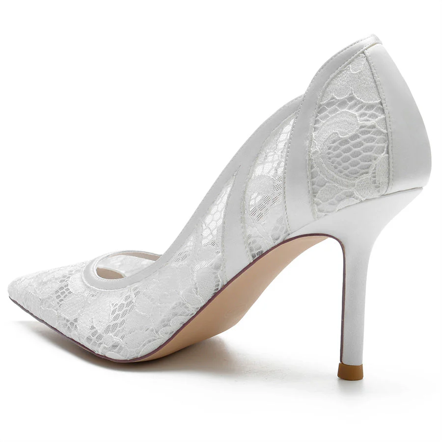Women's Wedding Pointed Toe Minimalist Stiletto Heel Lace Bridal Shoes - Image 2