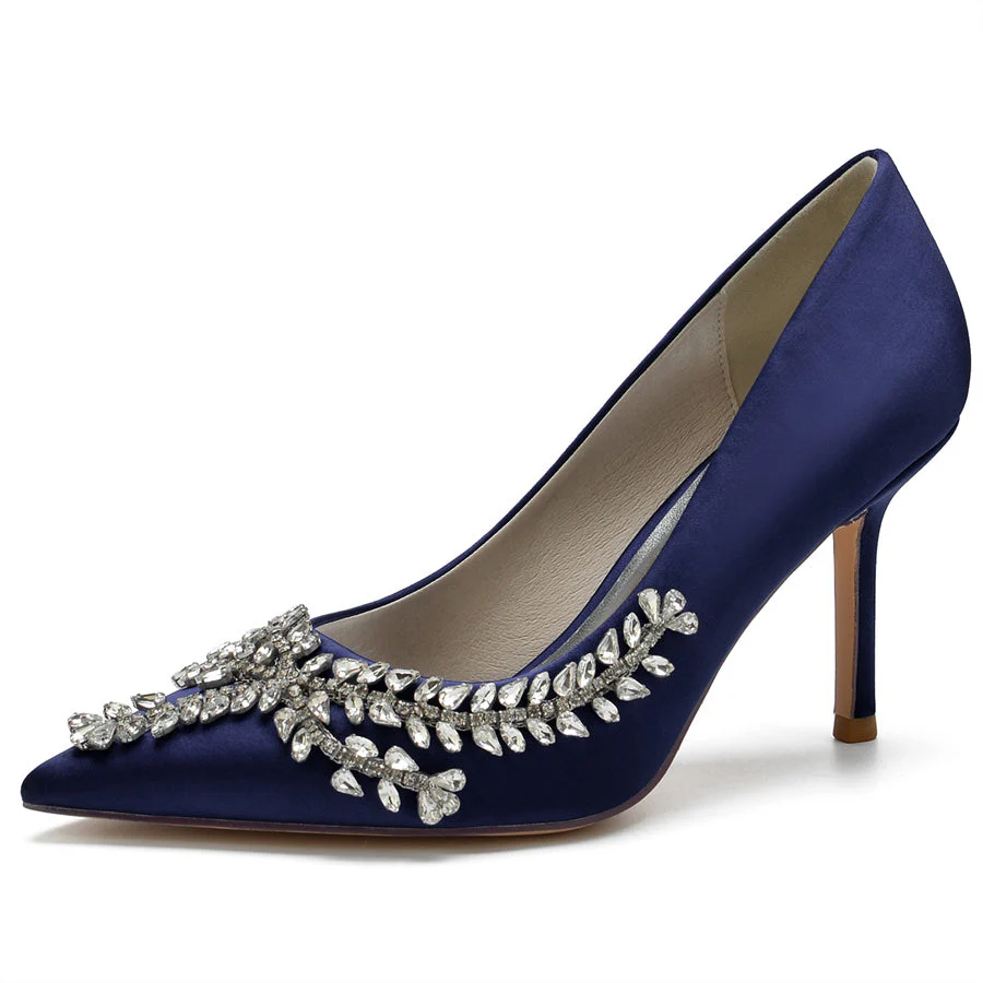Women's Wedding Pointed Toe Silk Satin Stiletto Heel Bridal Shoes with Rhinestones - Image 11