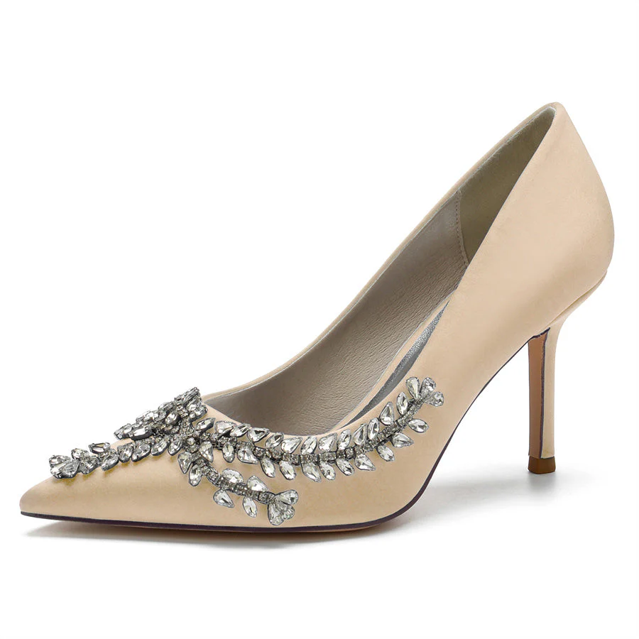 Women's Wedding Pointed Toe Silk Satin Stiletto Heel Bridal Shoes with Rhinestones - Image 12