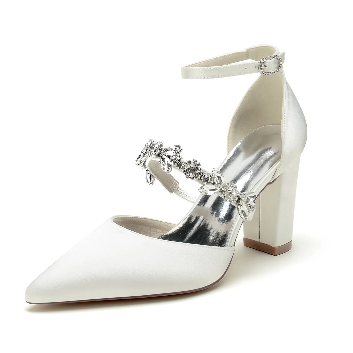 Women's Wedding Rhinestone Block Heel Pointed Toe Bridal Shoes - Image 3