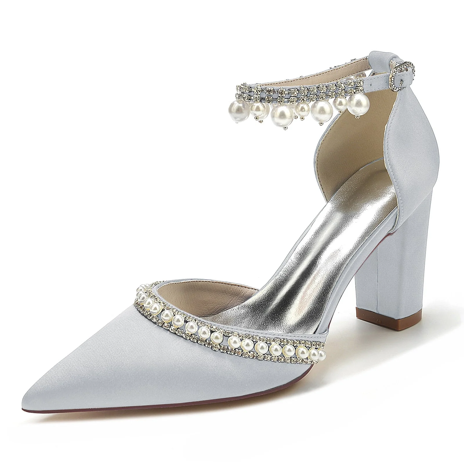 Women's Wedding Rhinestone Pearl Block Heel Pointed Toe Buckle Bridal Shoes - Image 12
