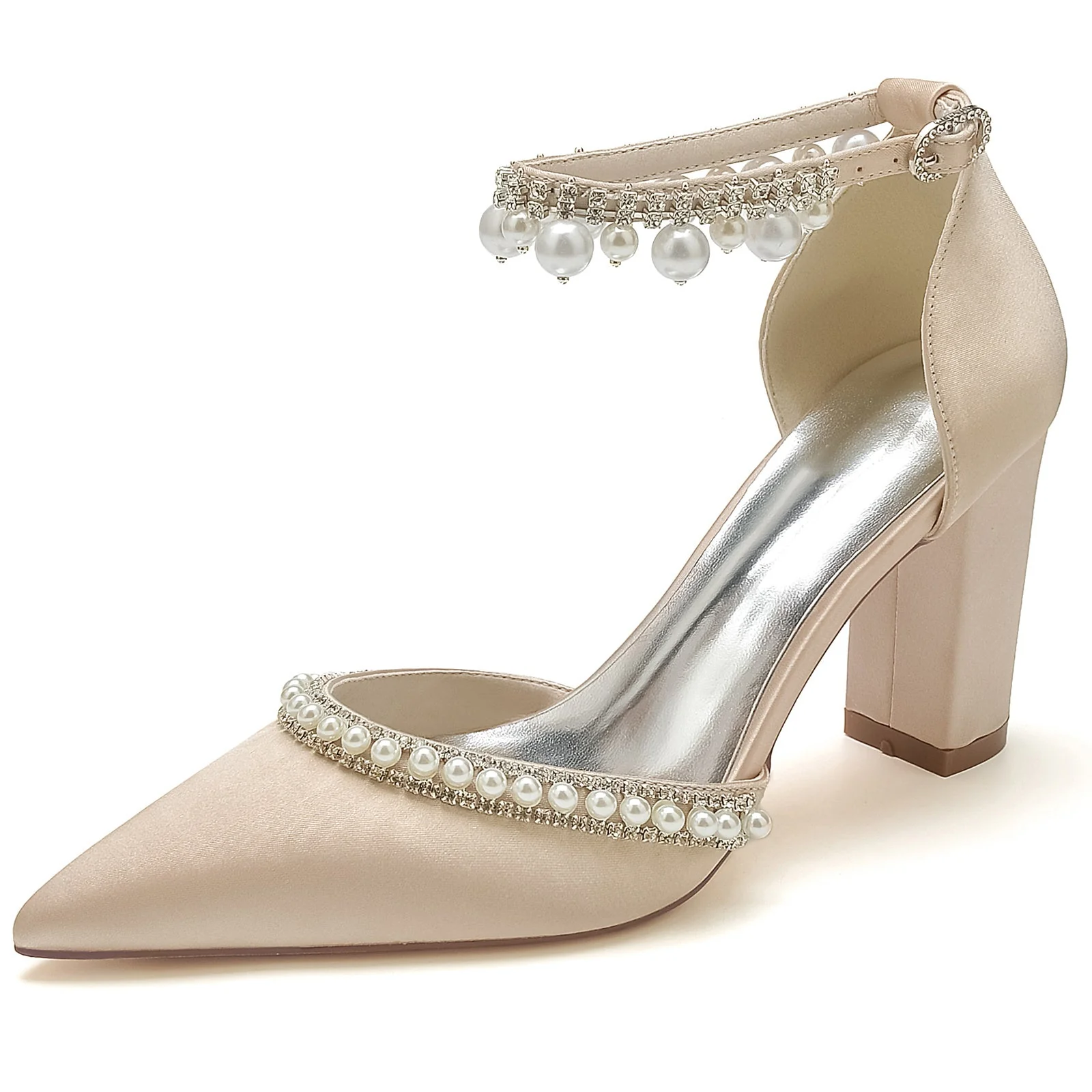 Women's Wedding Rhinestone Pearl Block Heel Pointed Toe Buckle Bridal Shoes - Image 13