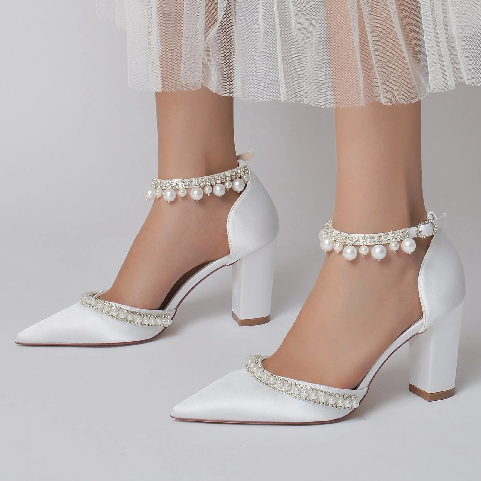 Women's Wedding Rhinestone Pearl Block Heel Pointed Toe Buckle Bridal Shoes - Image 2