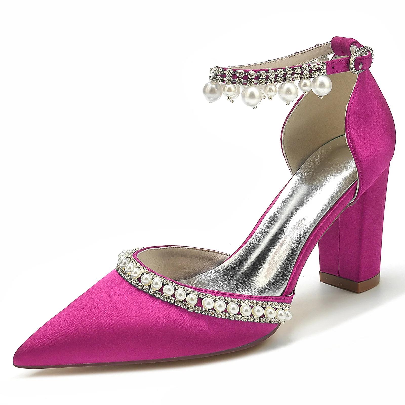 Women's Wedding Rhinestone Pearl Block Heel Pointed Toe Buckle Bridal Shoes - Image 9